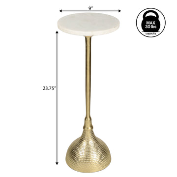 Ava 23.75" Art Deco Contemporary Metal Pedestal Drink Table and Decorative End Table with White Marble Round Top and Hammered Base